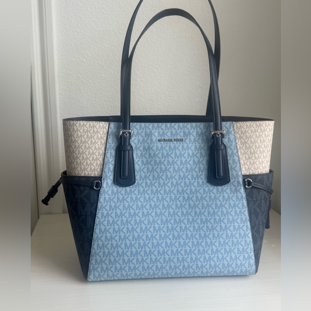 Michael Kors Light Blue and Navy Colorblock Logo Tote